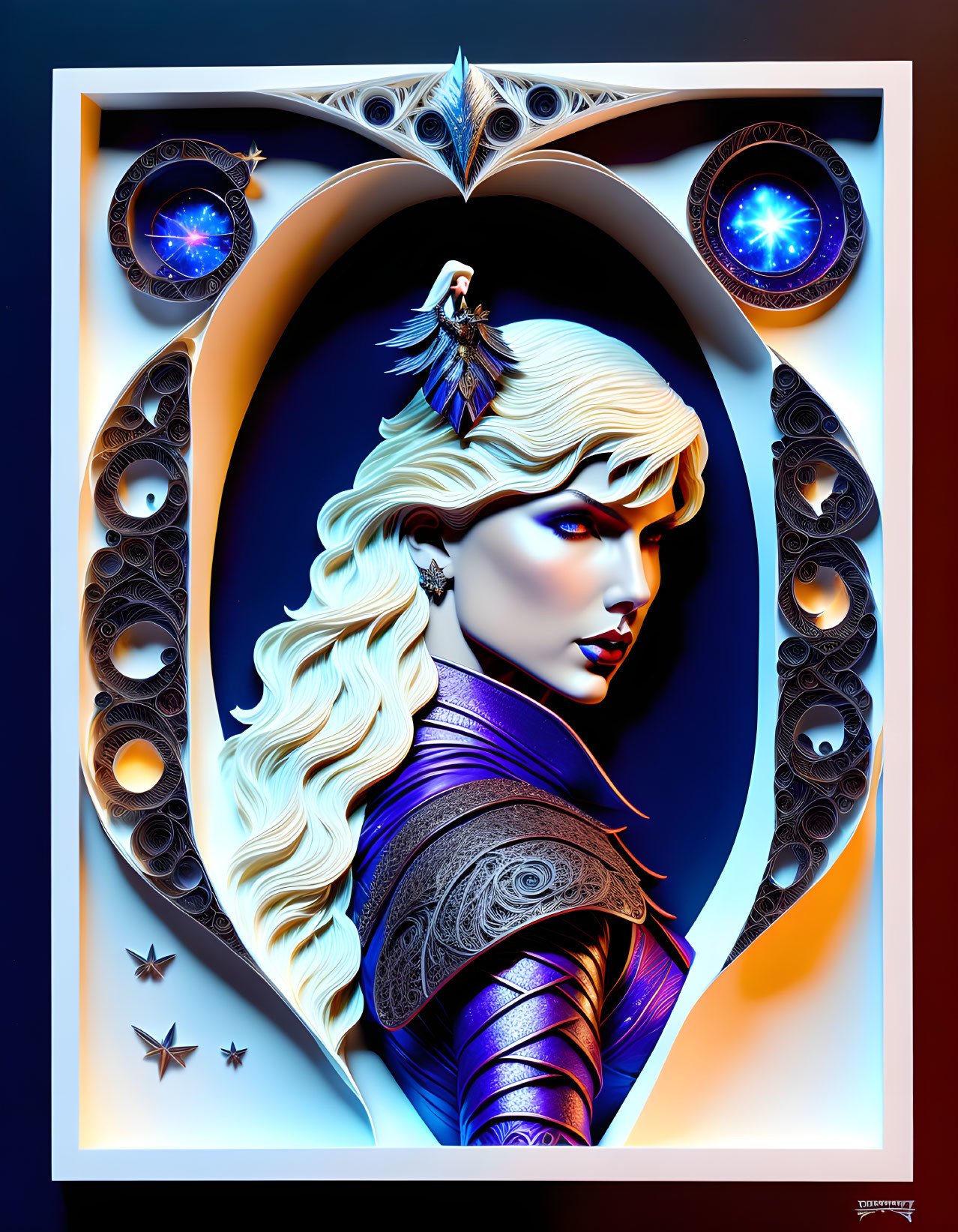 Fantasy portrait of a woman with light hair in ornate celestial frame