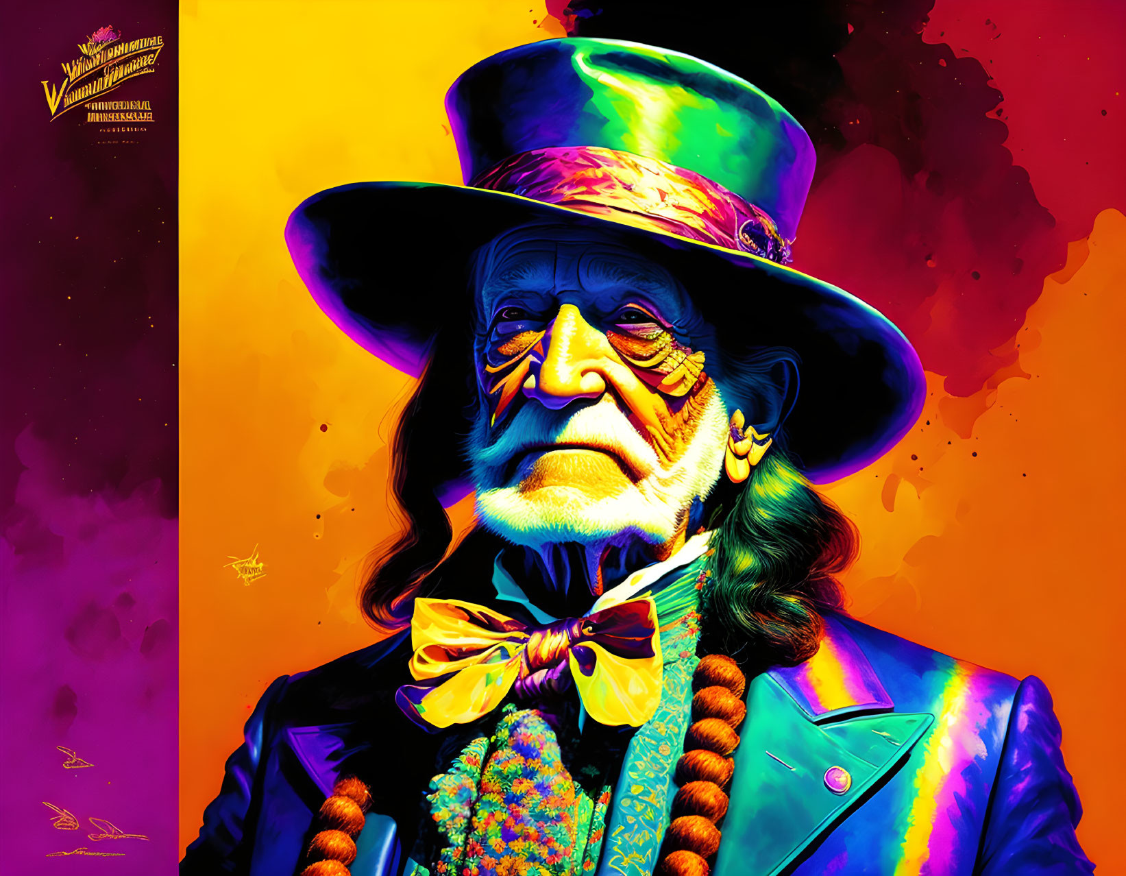 Colorful psychedelic man in top hat and suit with painted face.