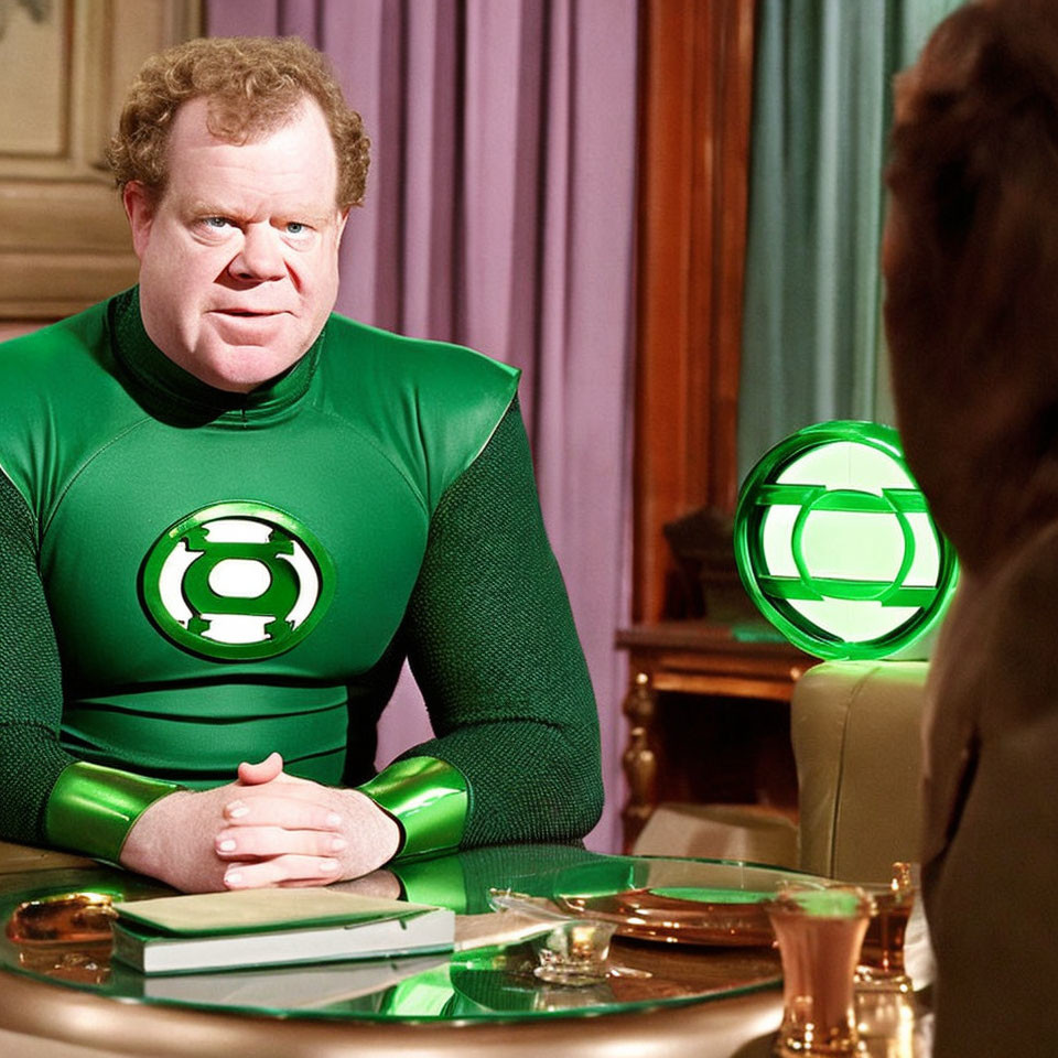 Man in Green Lantern Costume Sitting Intently at Table