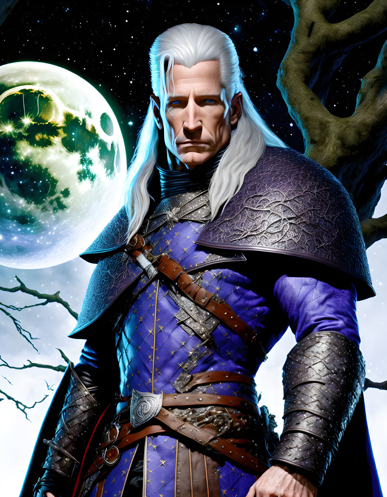 Elven warrior in blue armor under moonlit sky