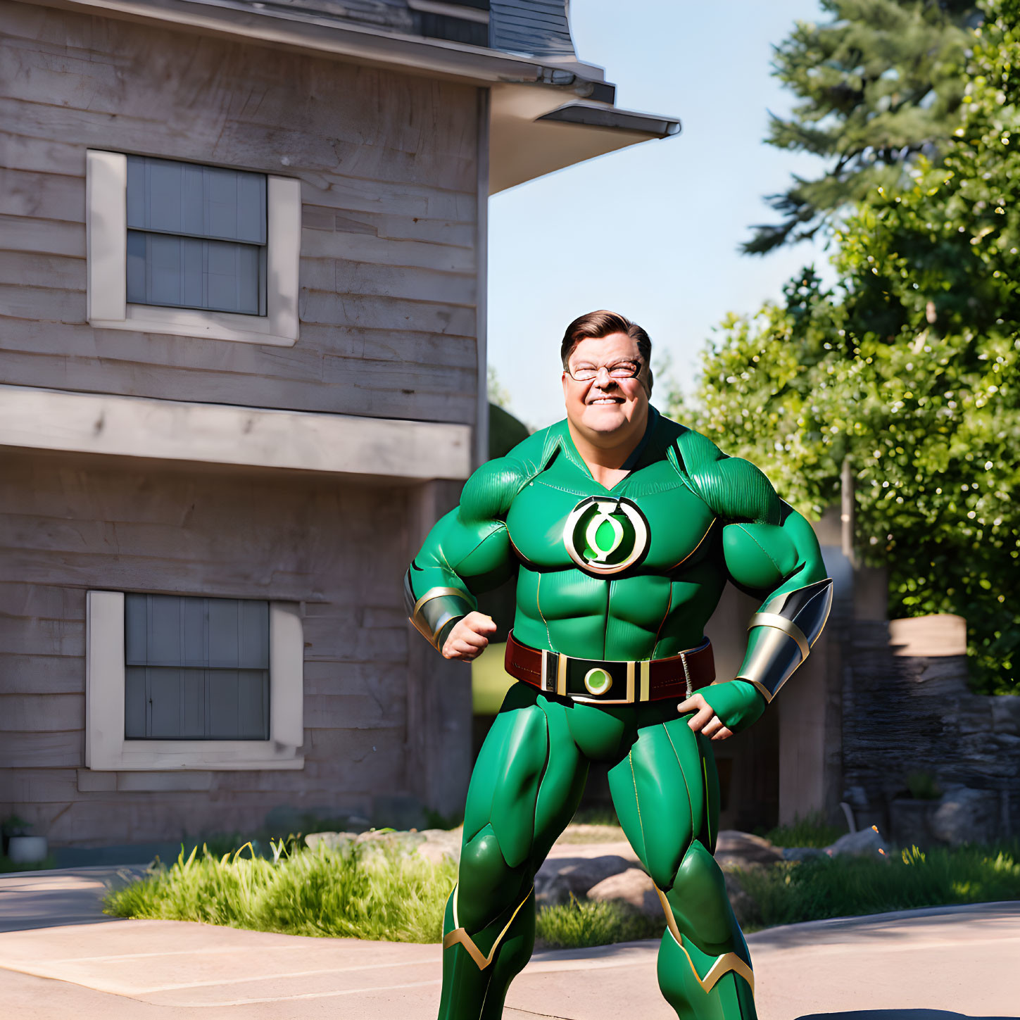 Person in Green Lantern costume poses confidently in front of a building