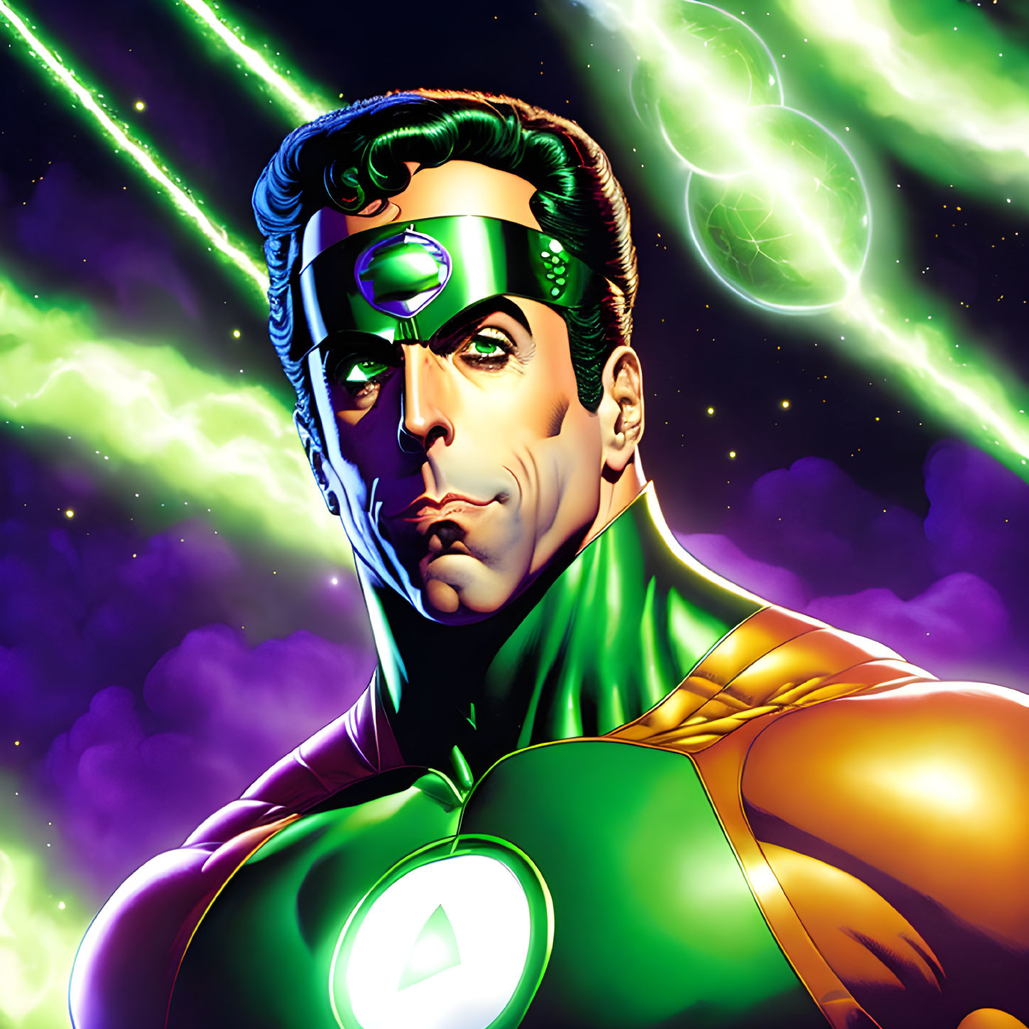 Muscular superhero in green and black suit with power ring, against cosmic background.