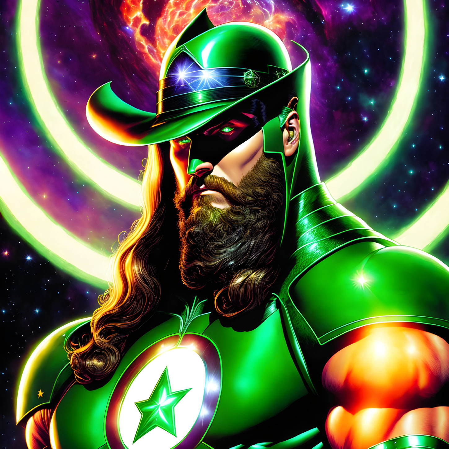 Muscular superhero in green and black suit with star emblem, beard, cowboy hat, cosmic background.