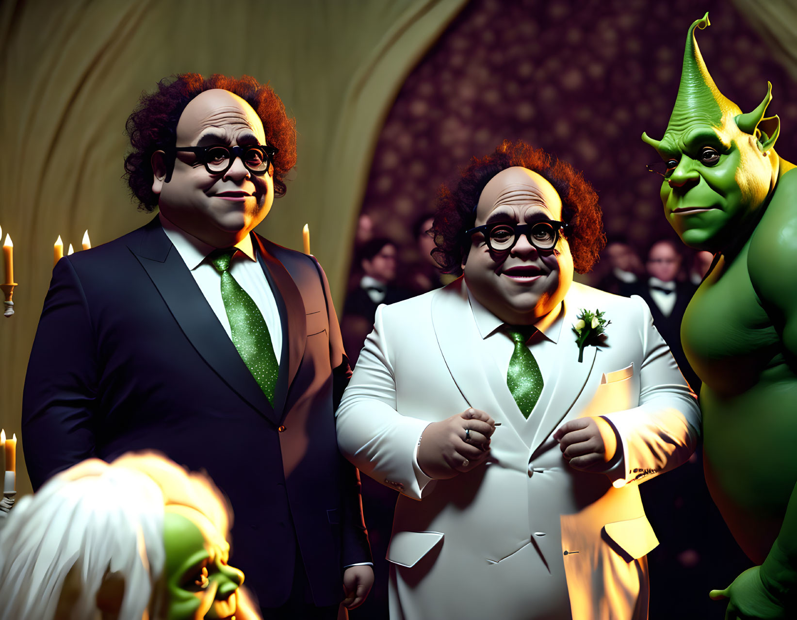 Animated characters in formal attire resembling fairy tale figures Shrek and Puss in Boots.