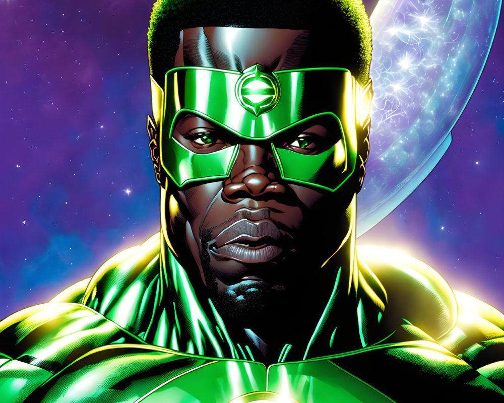 Superhero in Green and Black Suit with Glowing Power Ring on Cosmic Background
