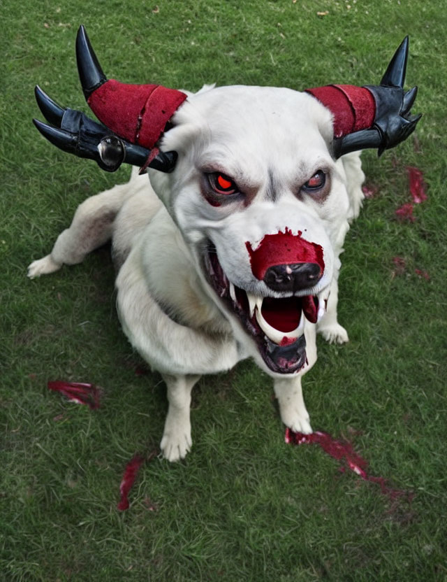 White Dog with Red-Painted Horns and Blood-Simulated Mouth