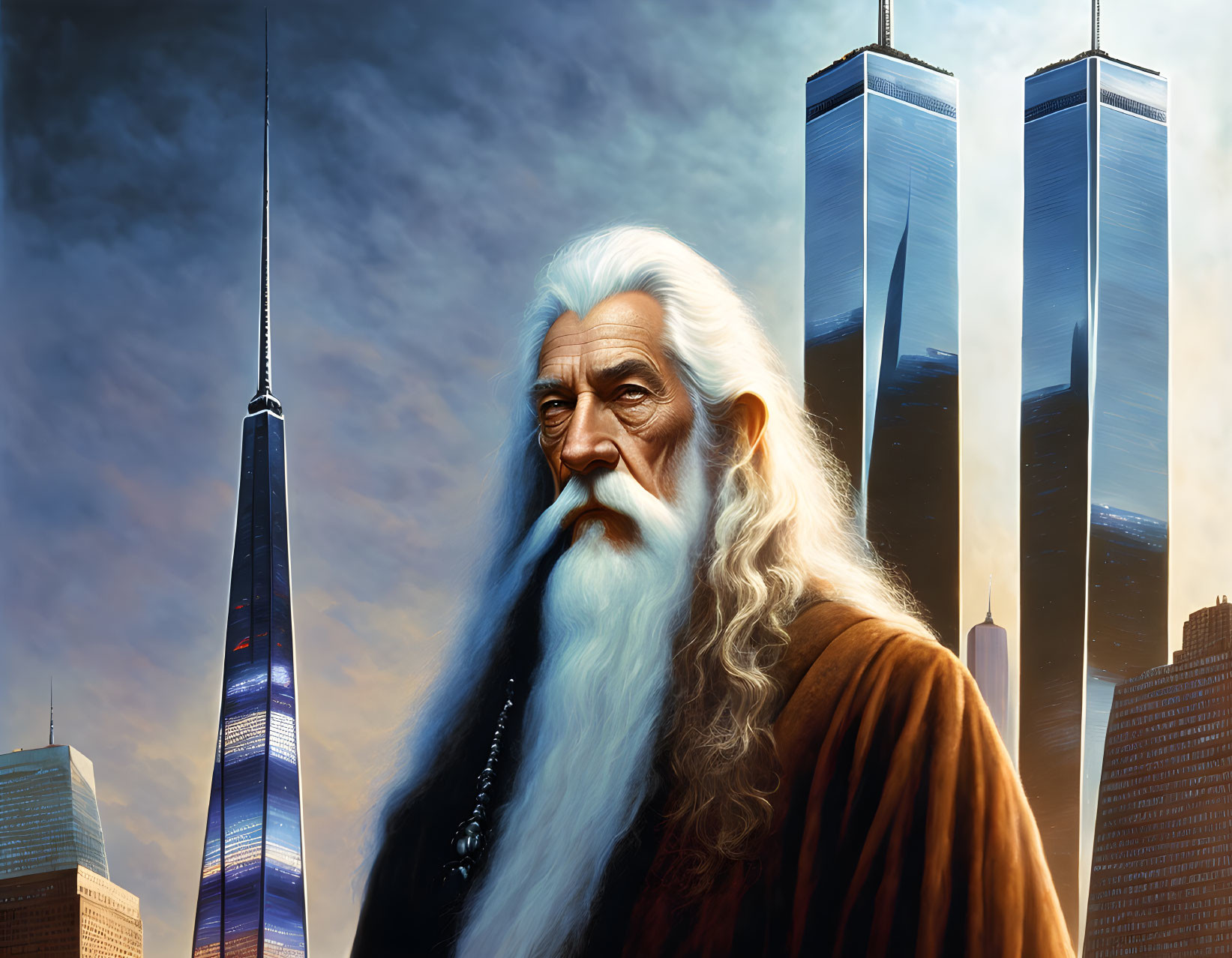 Wizard with white beard in brown robe against modern city skyline.