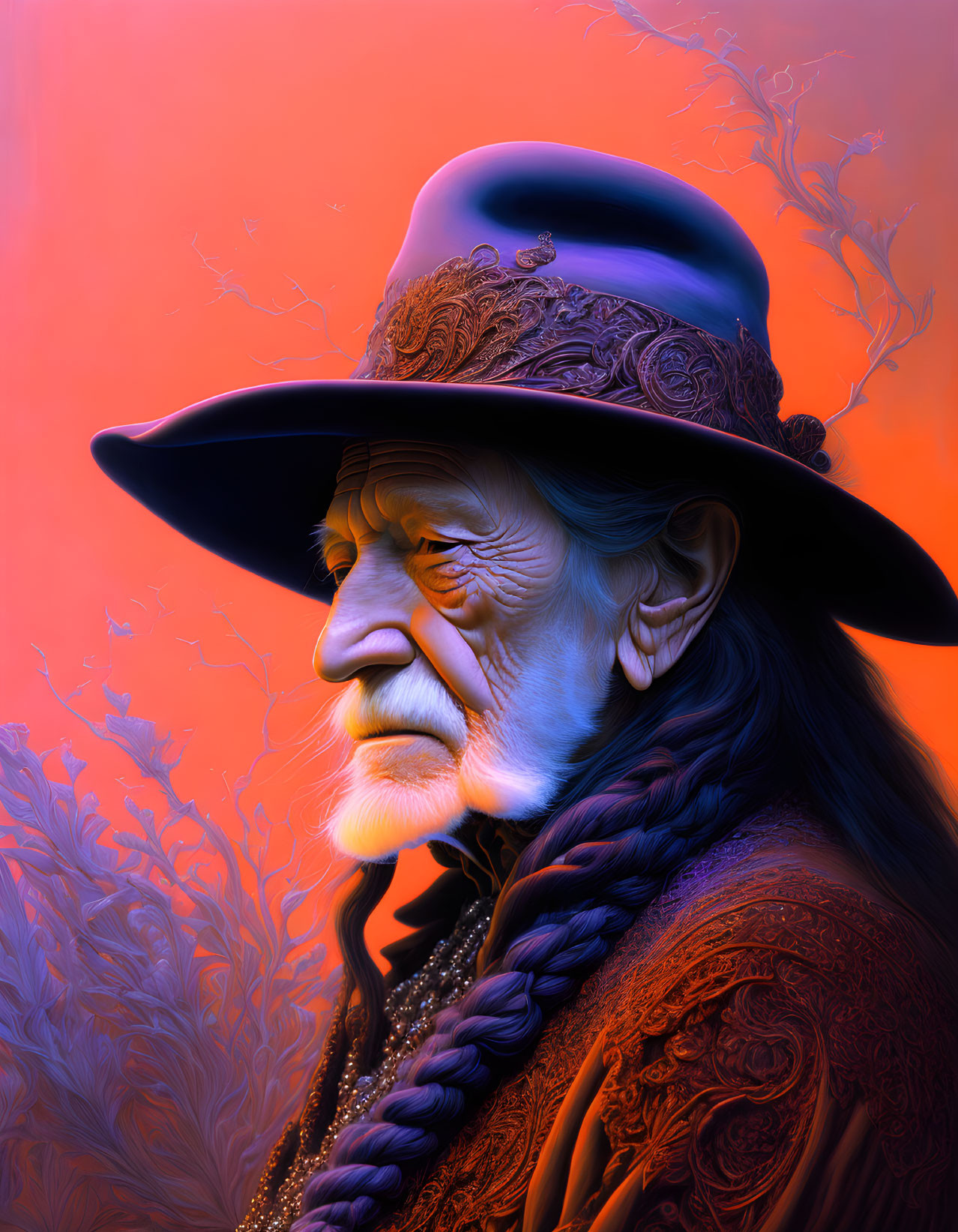 Detailed digital illustration: Elderly person with braided hair, adorned hat and clothing, against warm backdrop