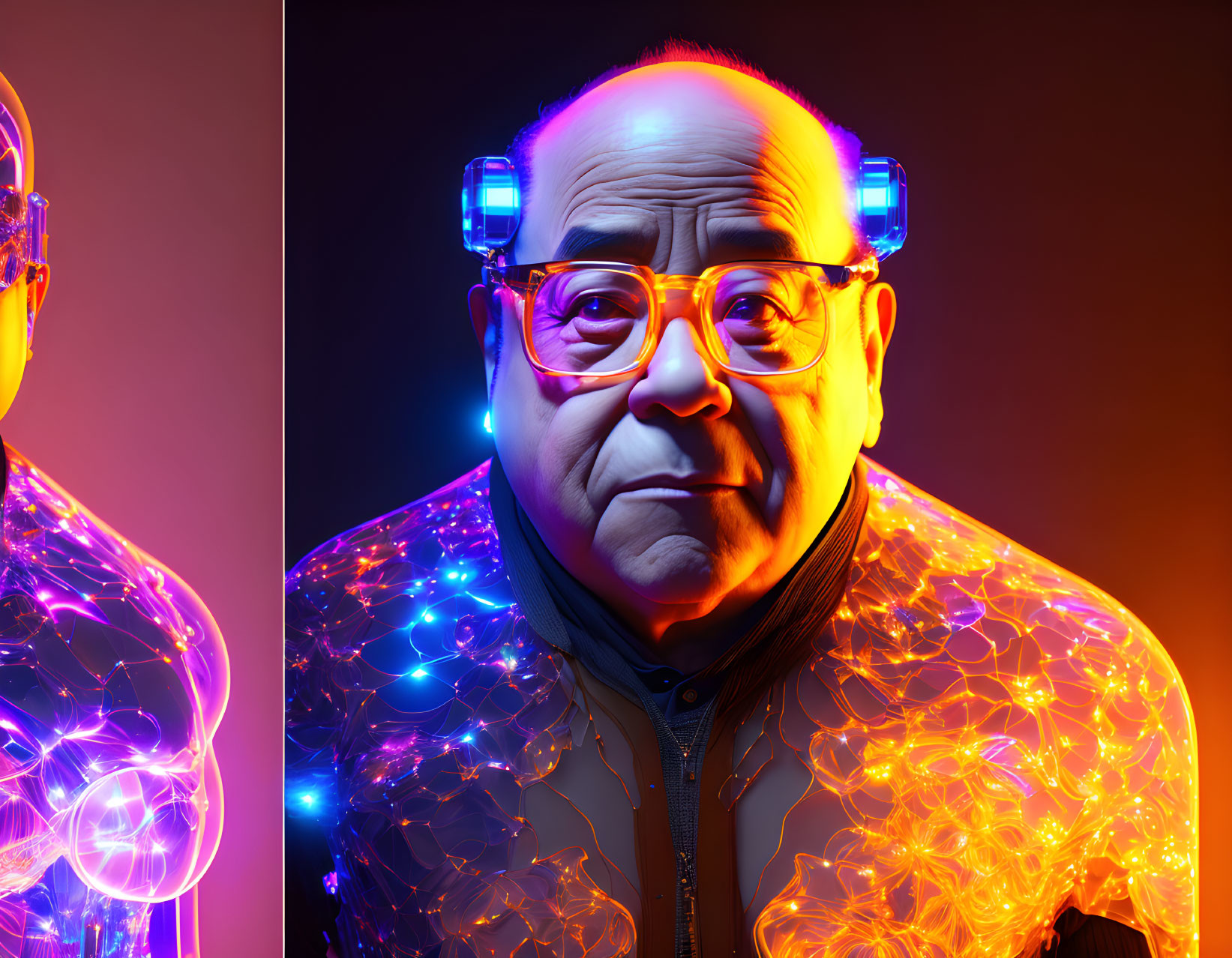 Elderly man with glasses in digital artwork with neon lights and neural network overlay