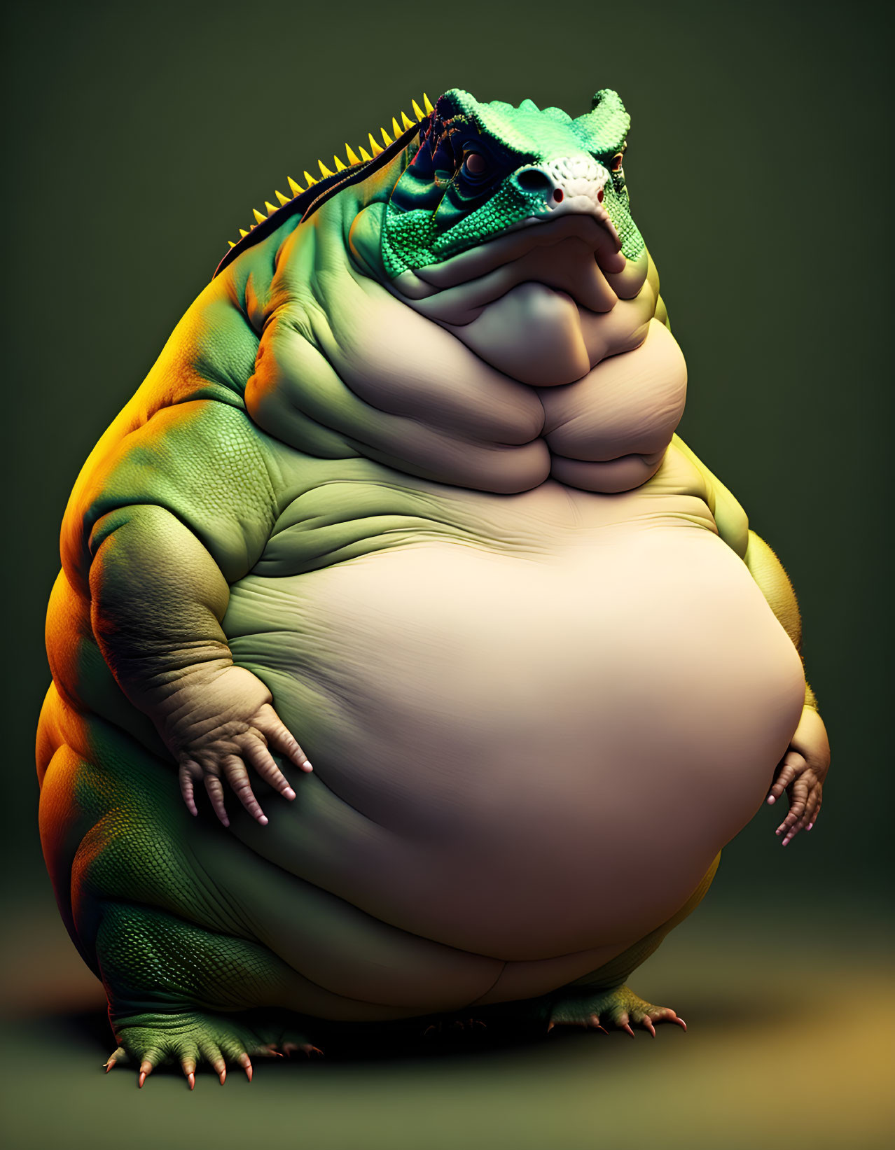 Anthropomorphic obese dinosaur-like creature digital illustration