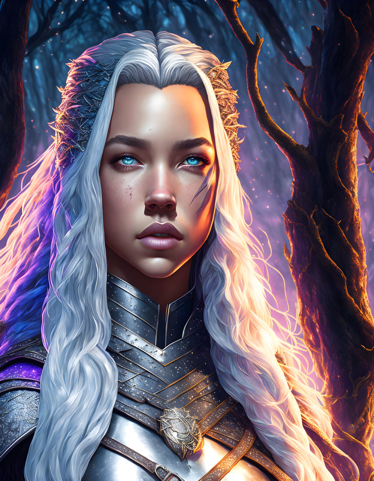 Fantasy portrait of woman with long white hair in silver armor