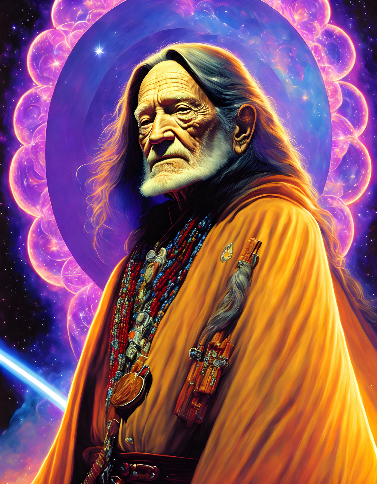 Illustrated portrait of man in sci-fi orange robe with cosmic background