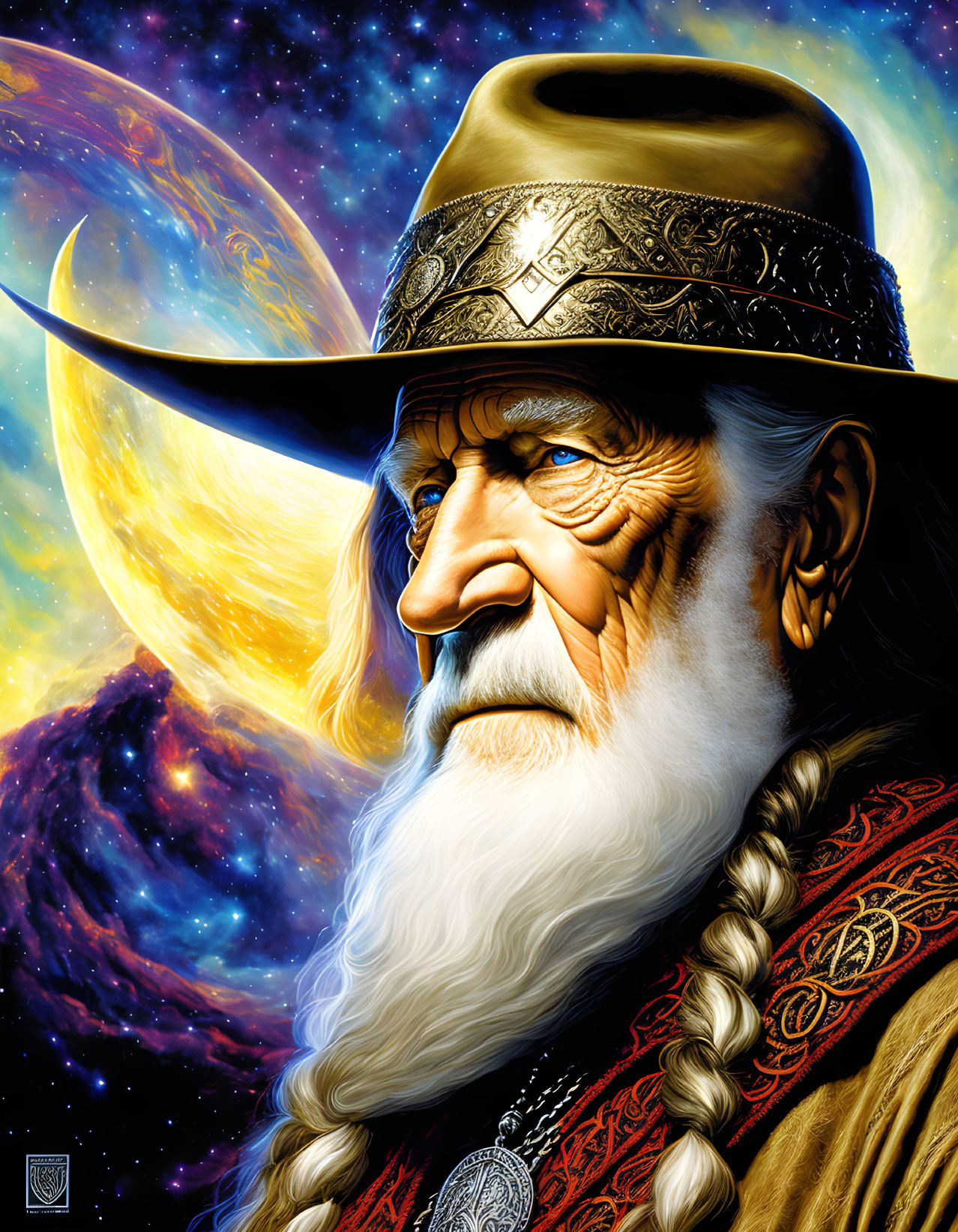 Elderly man with beard in hat and cloak under crescent moon and stars