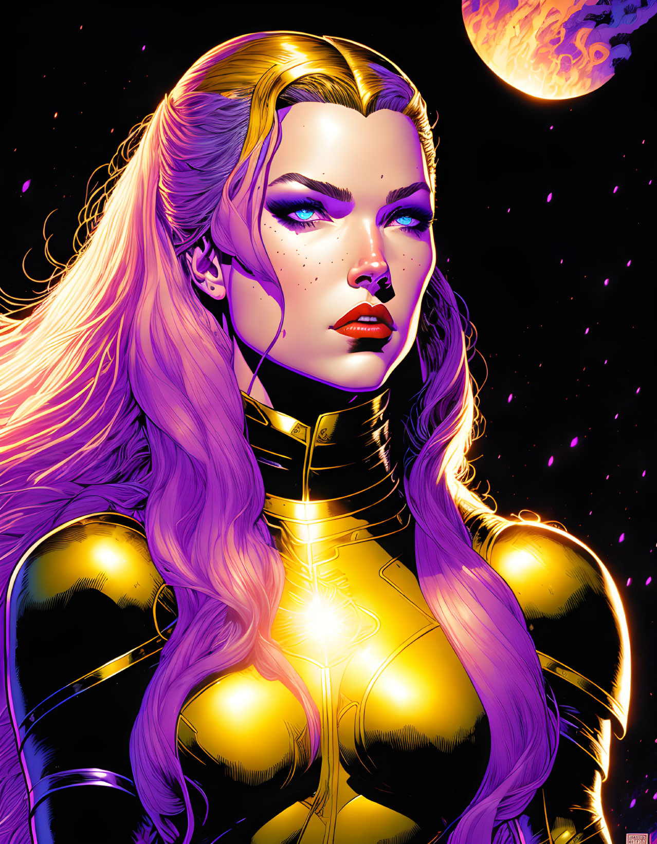 Blonde Superheroine in Yellow and Black Costume on Cosmic Background