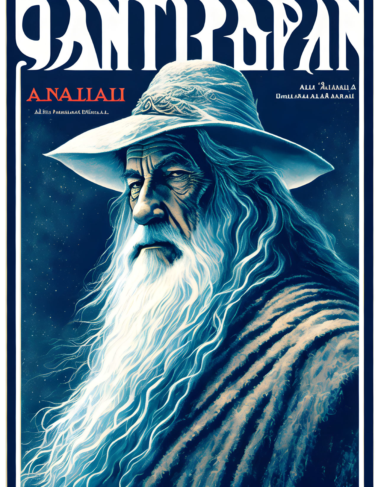 Wizard with long beard on blue background poster.