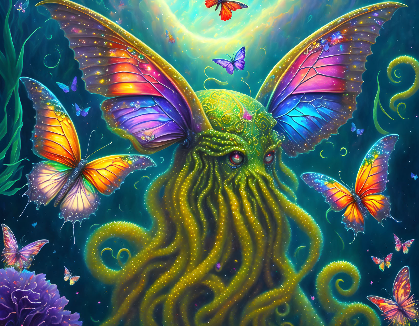 Colorful mythical creature with butterfly wings and tentacles in magical galaxy scene