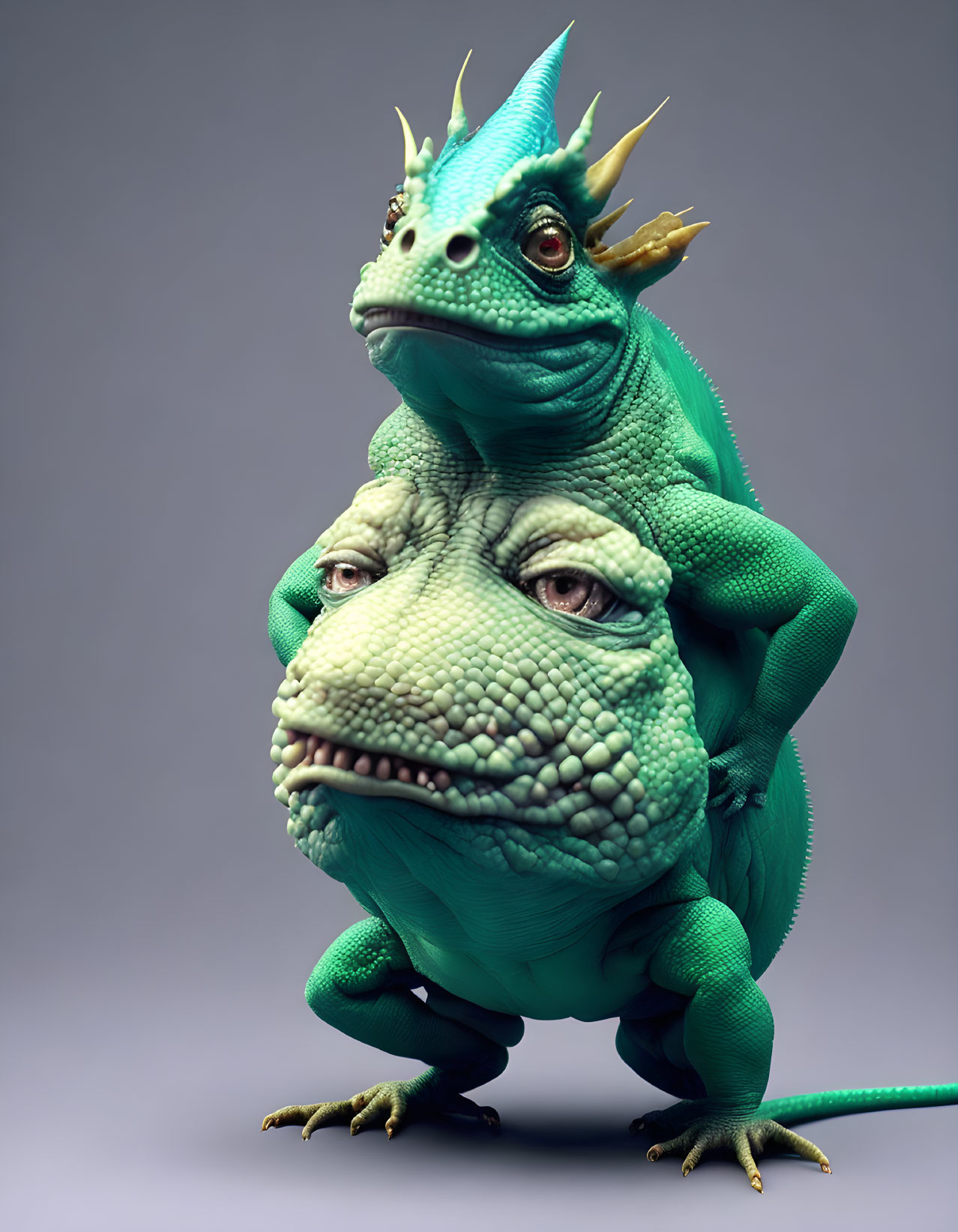 Fantastical creature artwork: lizard-toad hybrid with horns.