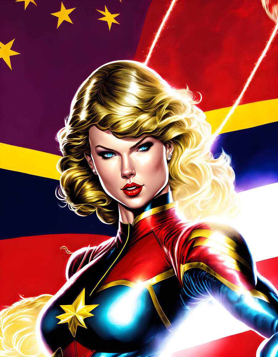 Blonde Superheroine in Red and Blue Costume with Star Emblem