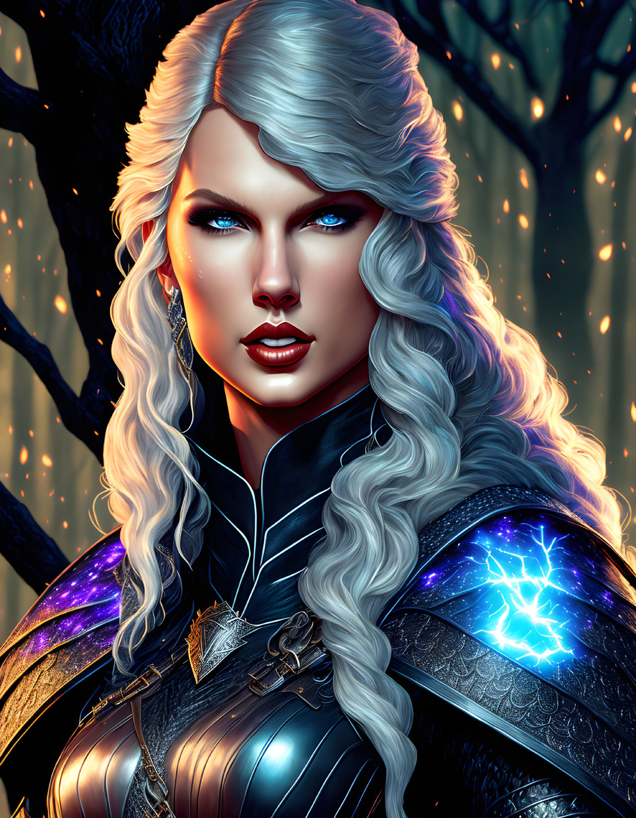 Fantasy elf with shimmering armor and lightning orb in enchanted forest