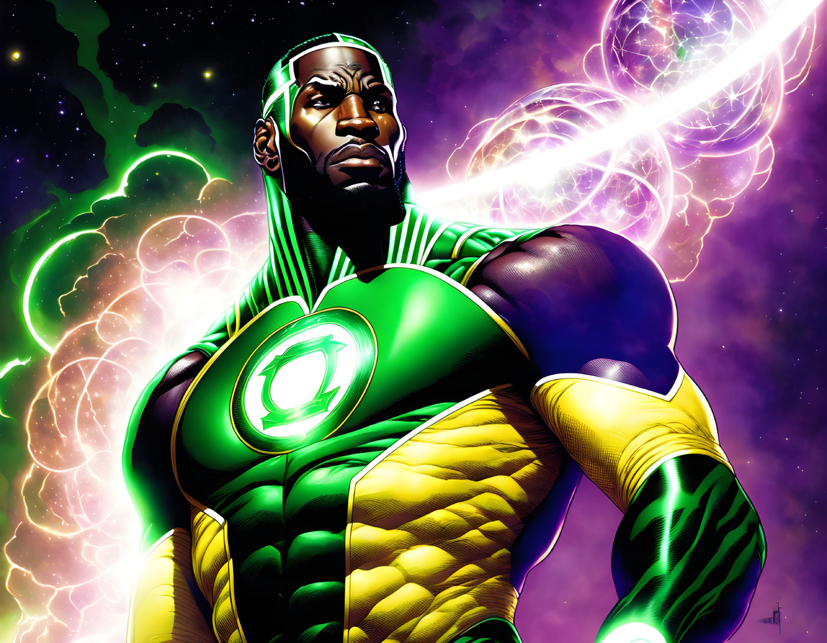 Muscular superhero in green and black suit against cosmic backdrop with swirling galaxies