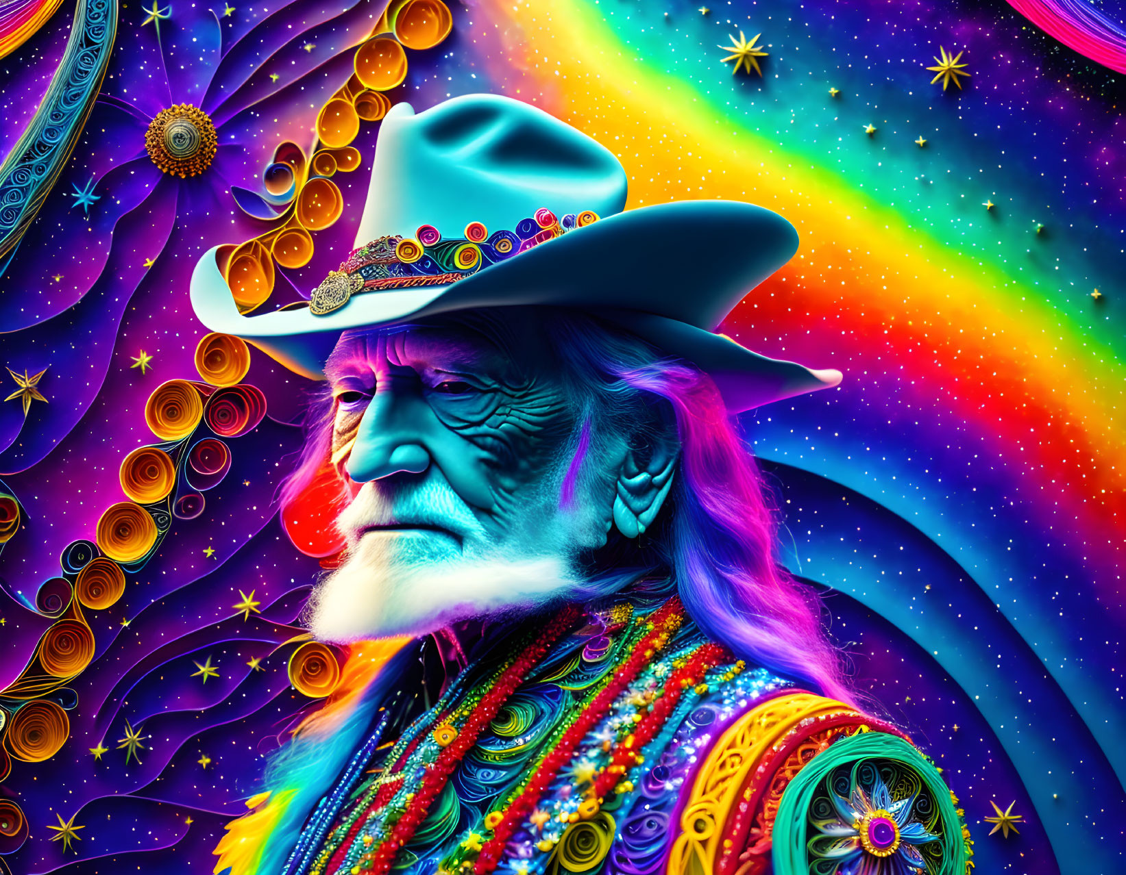 Colorful digital portrait of an older man in cowboy hat against cosmic backdrop