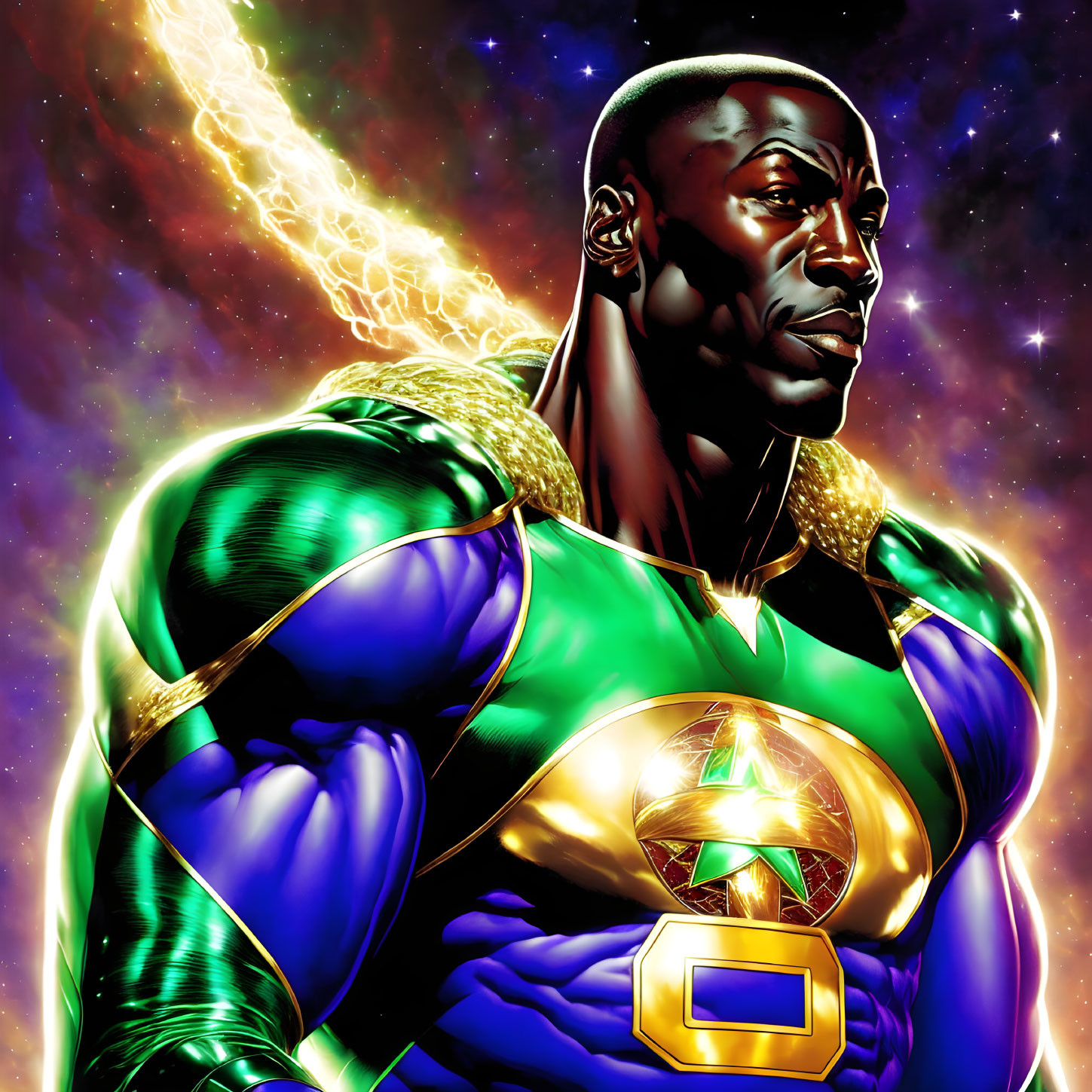 Muscular superhero in green and gold costume against cosmic starry background