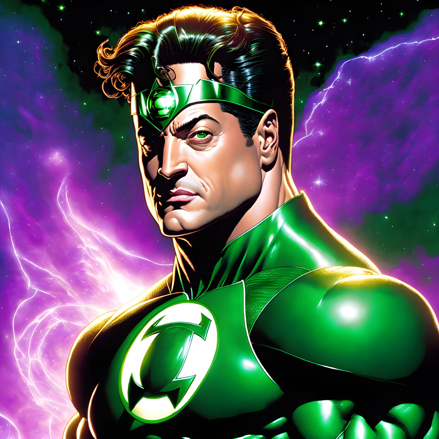 Superhero illustration: green and black suit, lantern symbol, eye mask, confident expression, cosmic backdrop