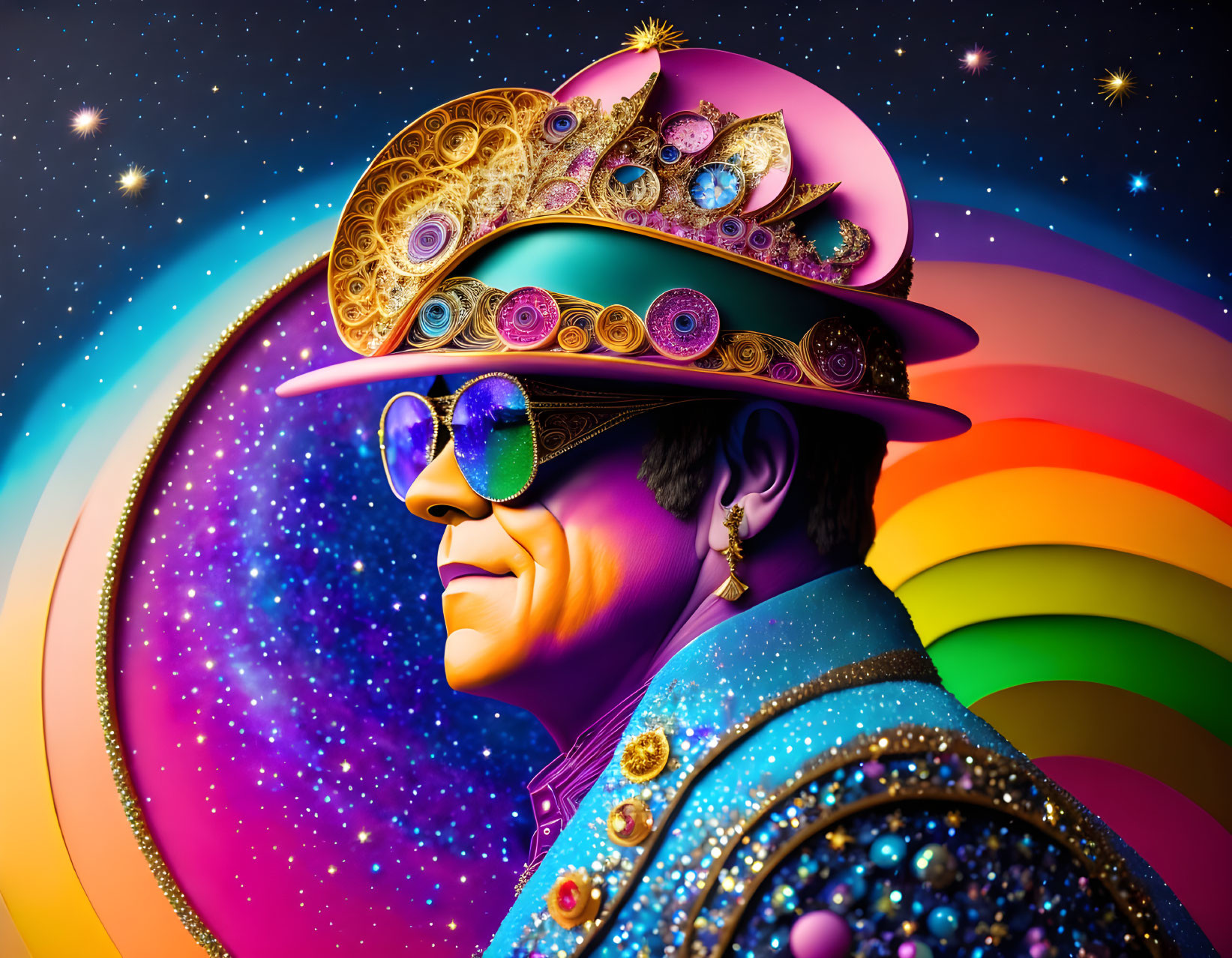 Vibrant portrait with elaborate headwear and cosmic backdrop