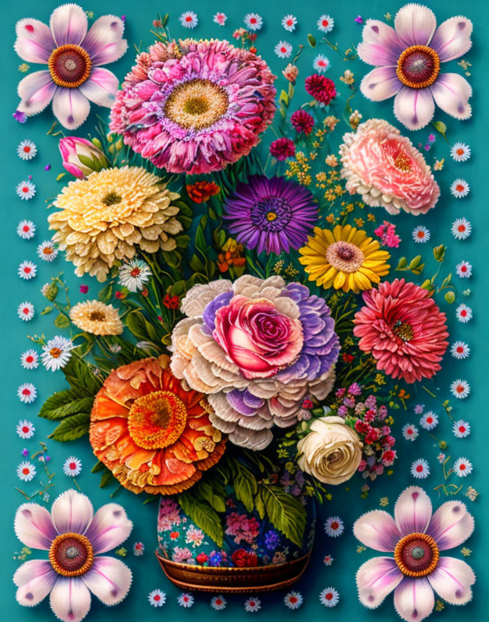 Assorted Flowers Bouquet with Gerberas, Roses, and Daisies on Teal Background