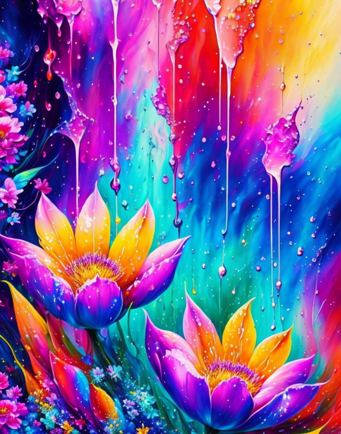 Colorful Abstract Painting with Dripping Paint, Lotus Flowers, and Starry Background