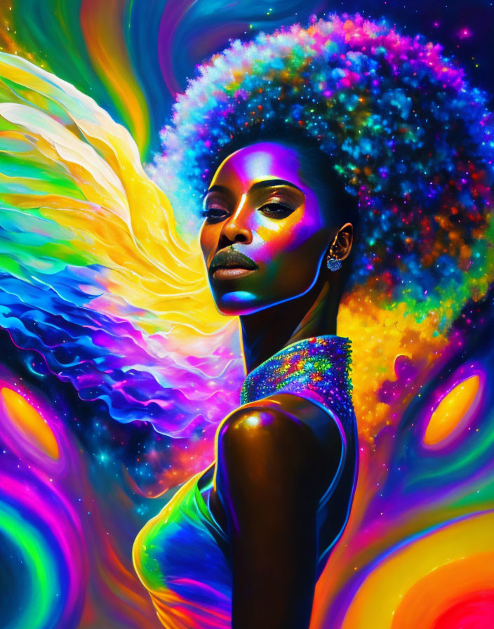 Woman with Afro on Psychedelic Background: Vibrant Colors & Cosmic Motifs