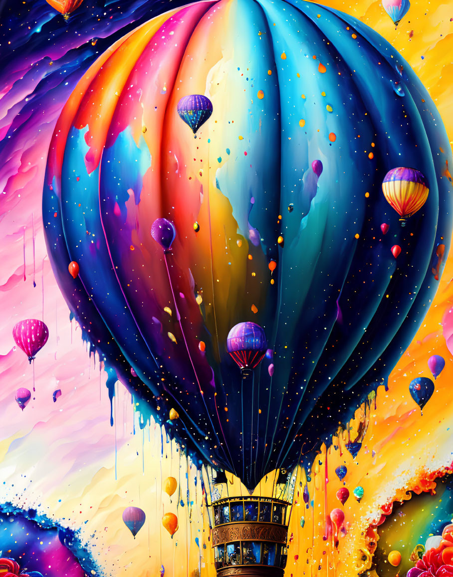 Colorful Hot Air Balloon Artwork in Whimsical Paint-Dripped Sky