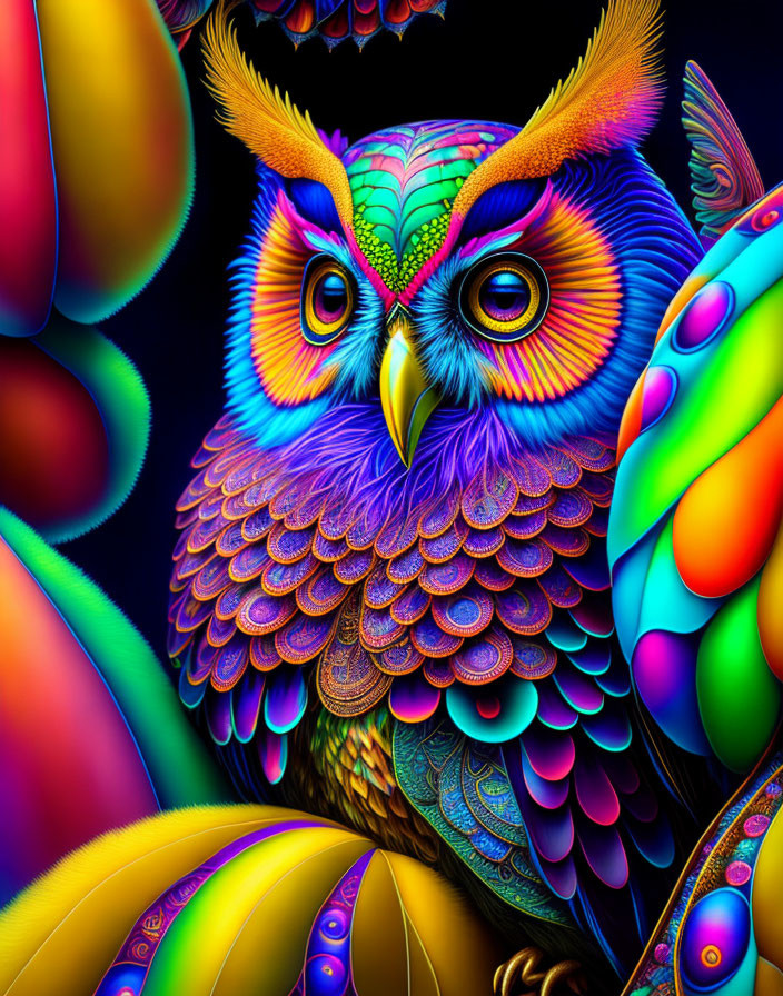 Colorful Owl and Rainbow Parrot Digital Illustration on Dark Background