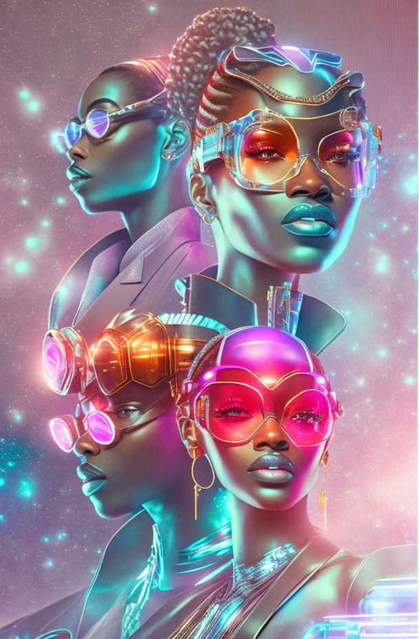 Four stylized women with futuristic eyewear and glowing neon lights in cyberpunk setting