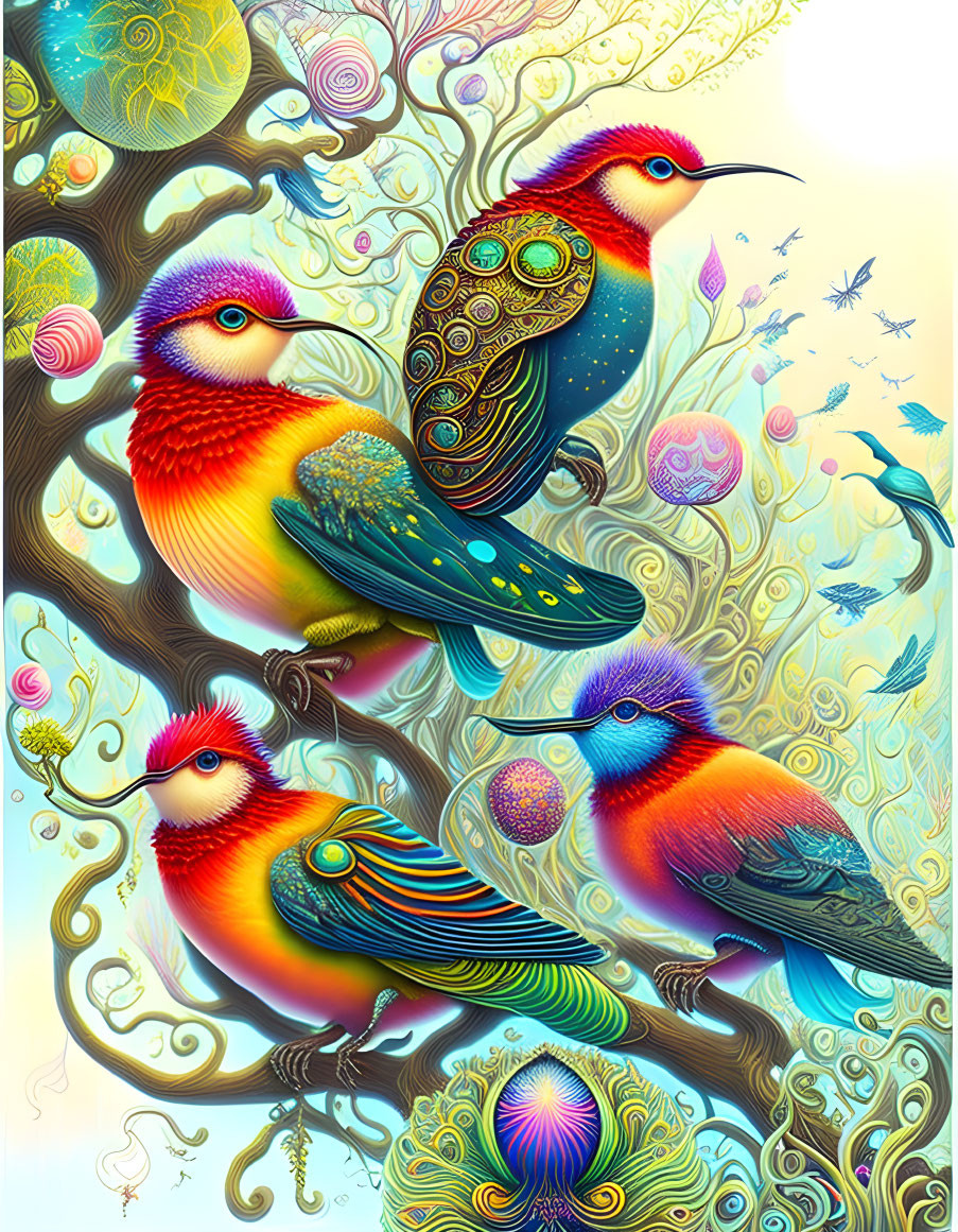 Colorful stylized artwork of three birds on branches with whimsical flora.