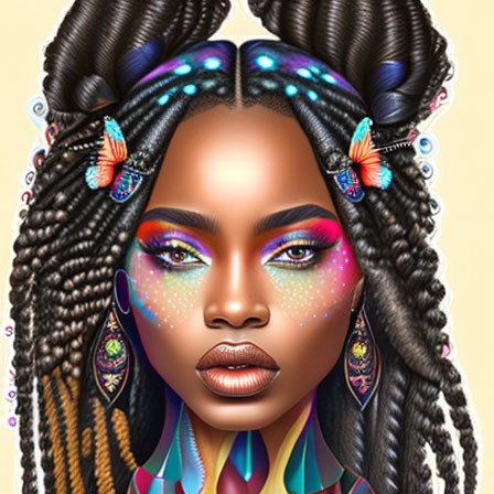 Illustrated woman with vibrant makeup and braided hair and butterflies in colorful setting