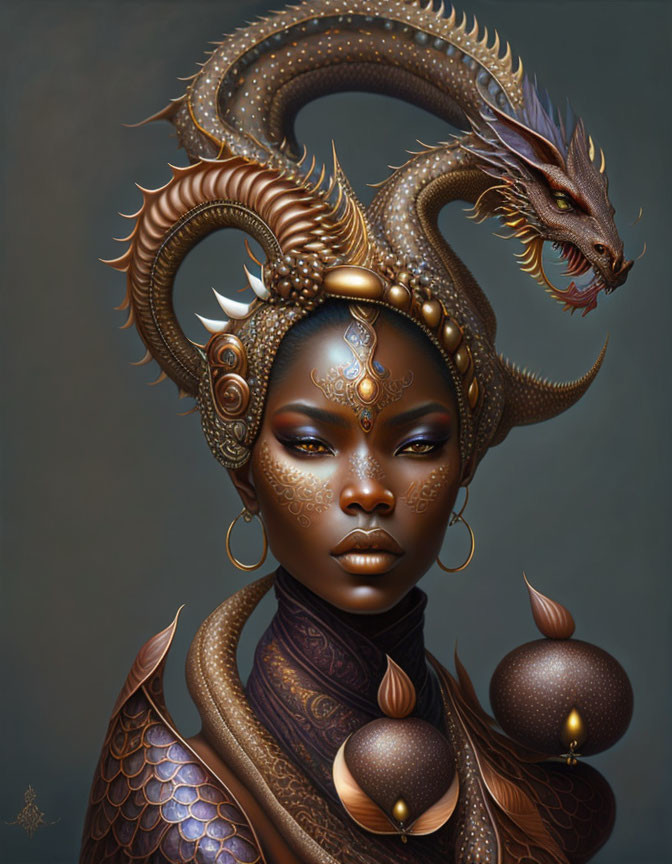 Dark-skinned woman with gold jewelry and dragon headdress, featuring realistic scales and horns.