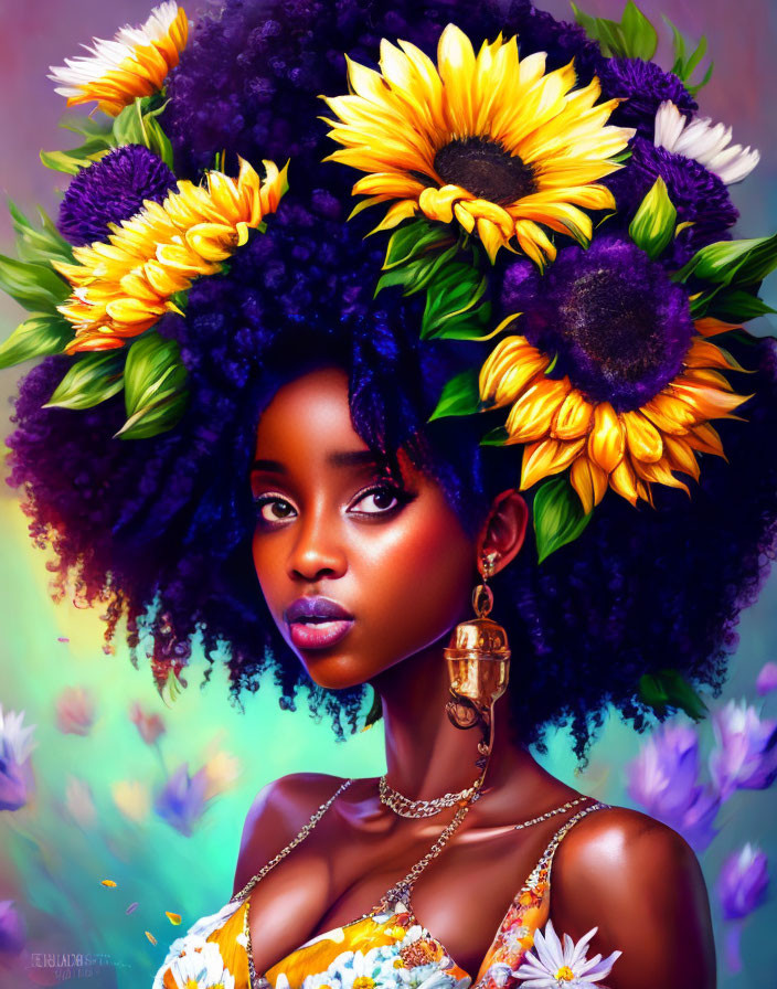 Portrait of Woman with Striking Eyes and Afro Adorned with Sunflowers and Purple Flowers on Floral