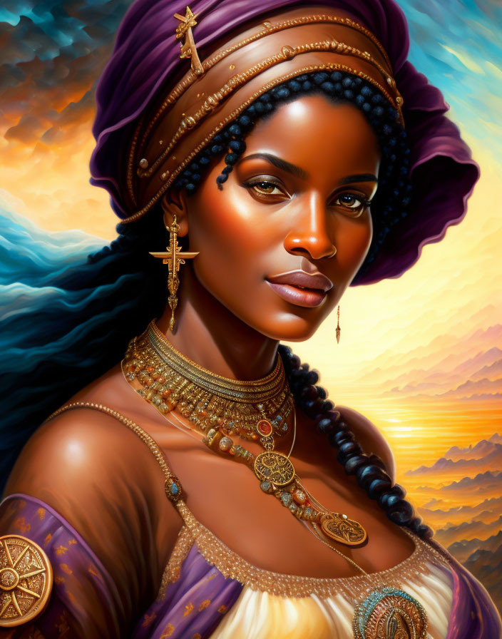 Portrait of woman with radiant skin in purple headwrap and jewelry against sunset sky