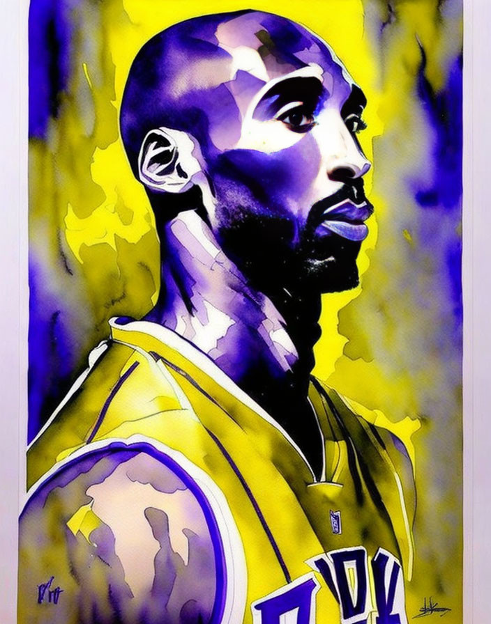 Man in yellow and purple basketball jersey against watercolor background