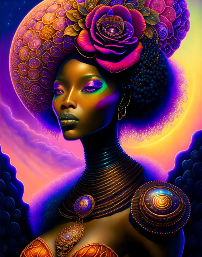 Digital artwork: Woman with African features, golden patterns, rose, and cosmic backdrop