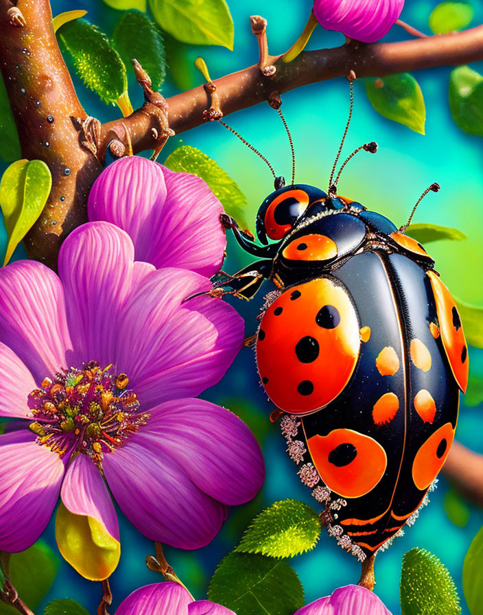 Colorful ladybug on branch near pink flower against blue background