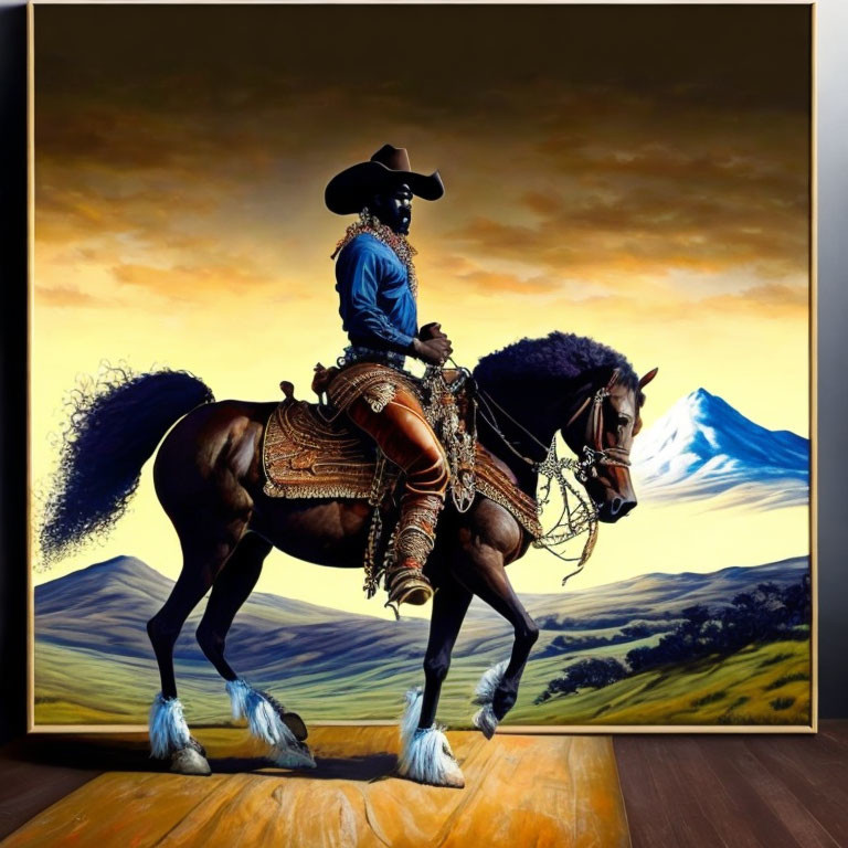 Cowboy riding brown horse in scenic landscape.