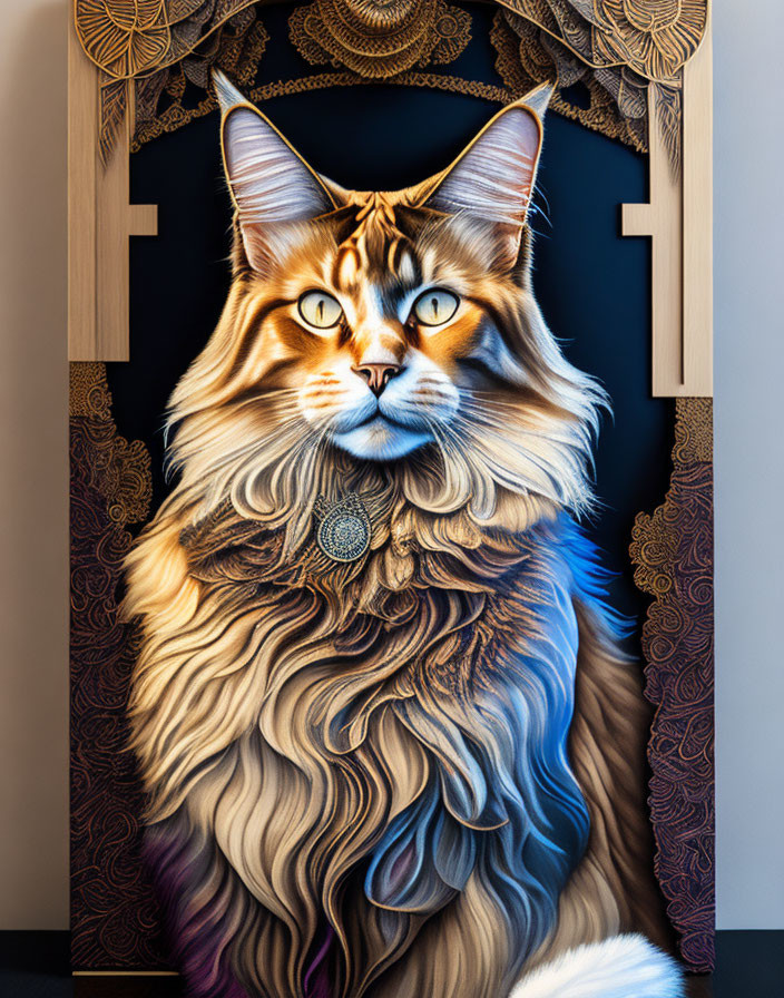 Majestic Maine Coon Cat with Amber Eyes and Art Nouveau Background