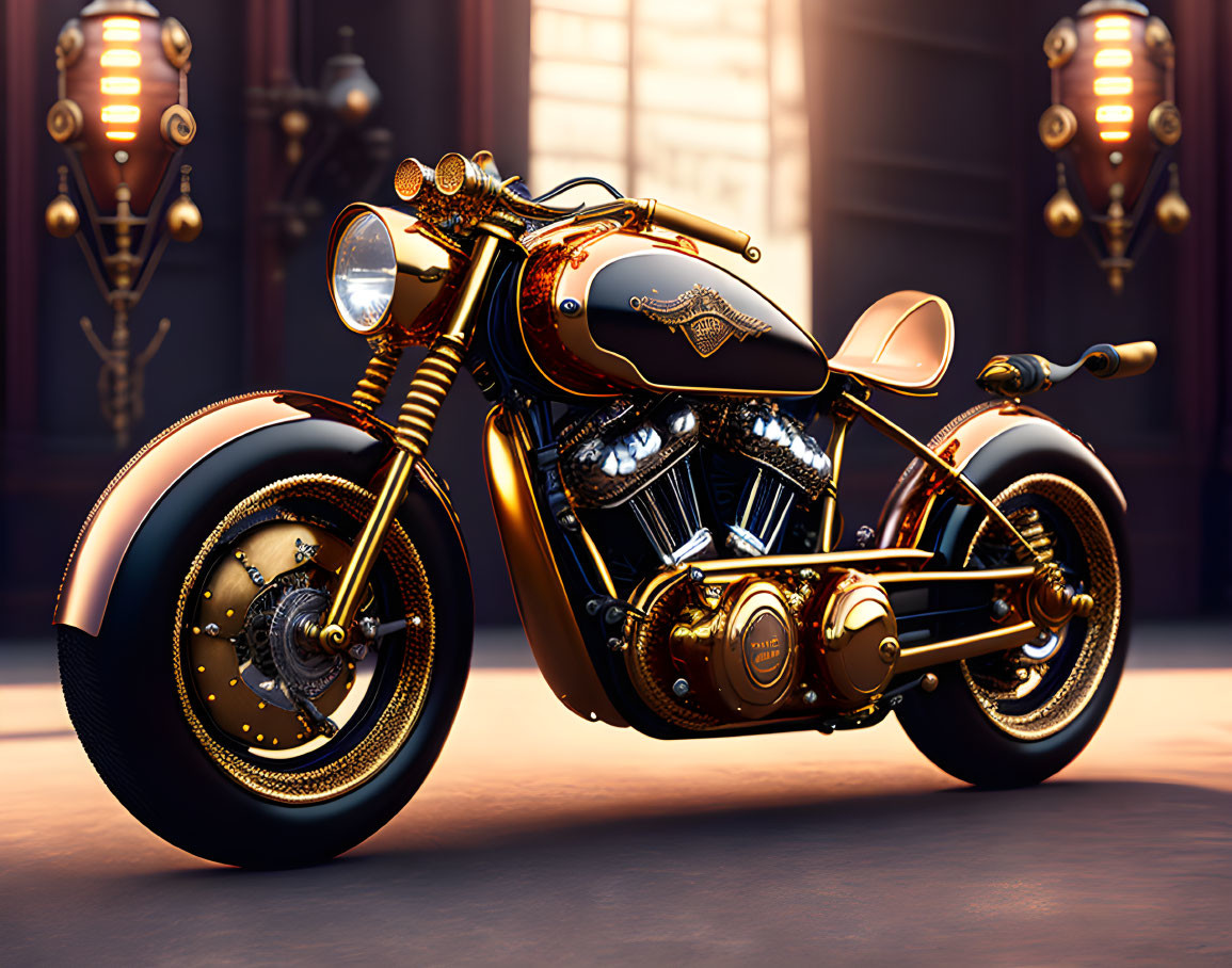 Black and Gold Custom Motorcycle with Retro-Futuristic Design