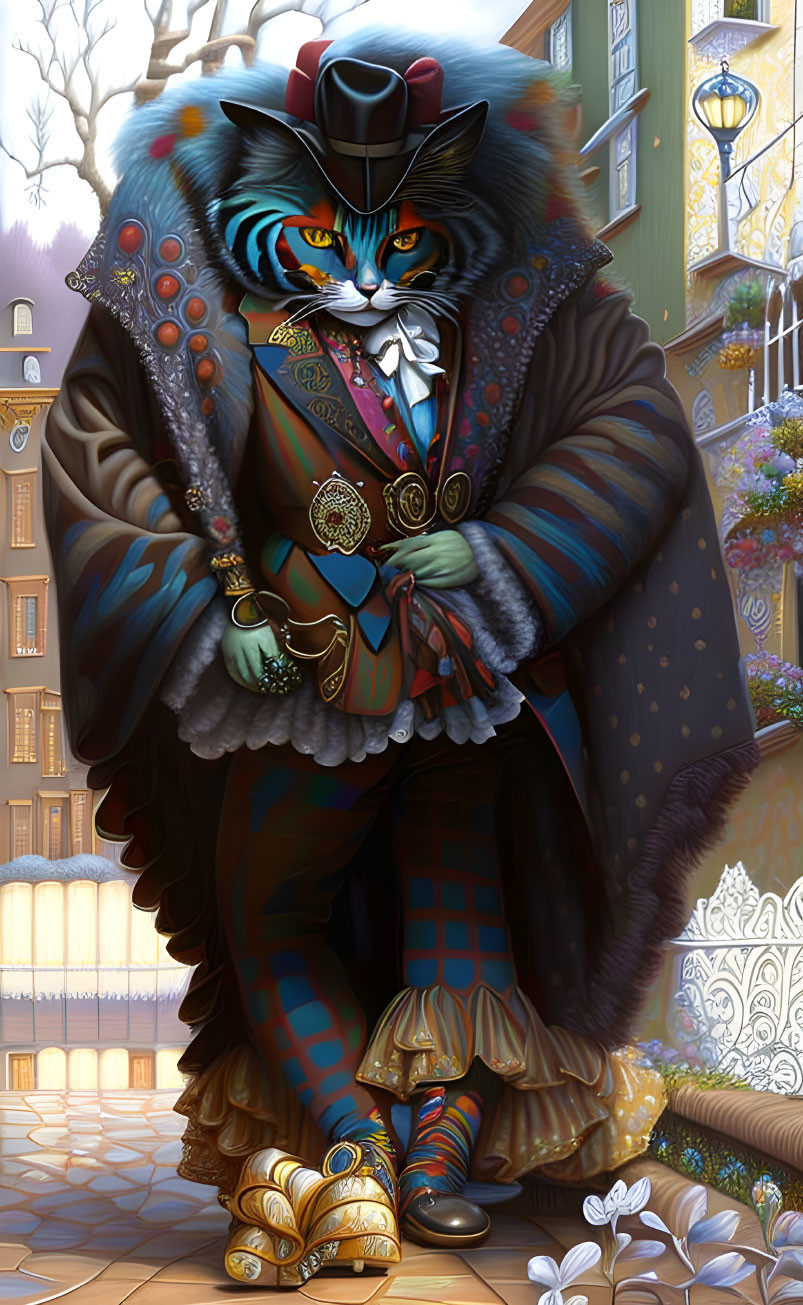 Elegant anthropomorphic cat in ornate attire on cobblestone street