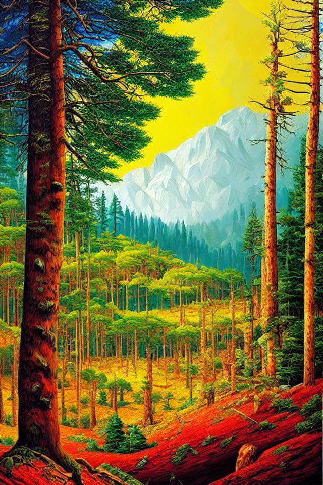 Colorful forest painting with tall pine trees, sunlit clearing, and majestic mountain under yellow sky