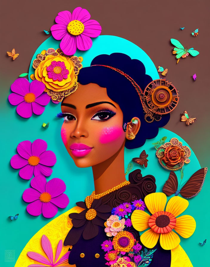 Vibrant floral and butterfly-themed woman illustration