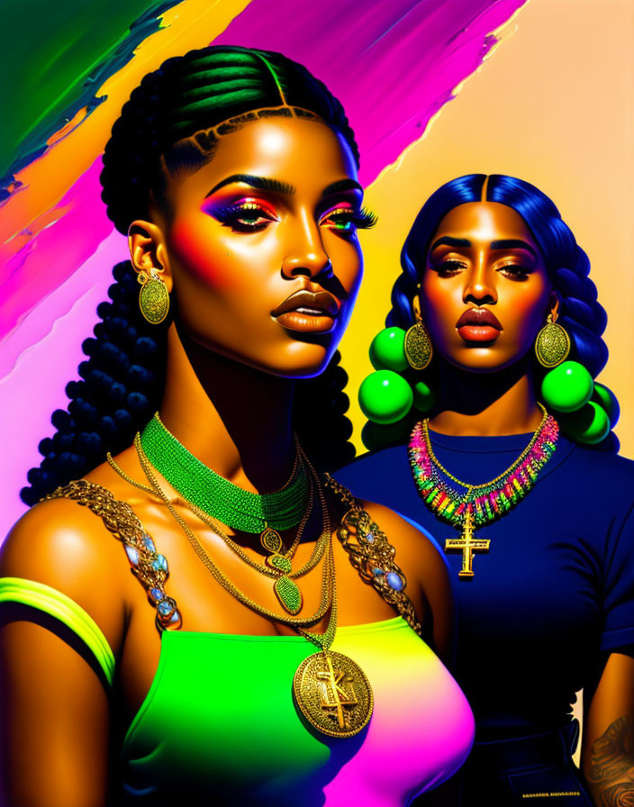 Stylized women with vibrant makeup and golden jewelry on colorful background