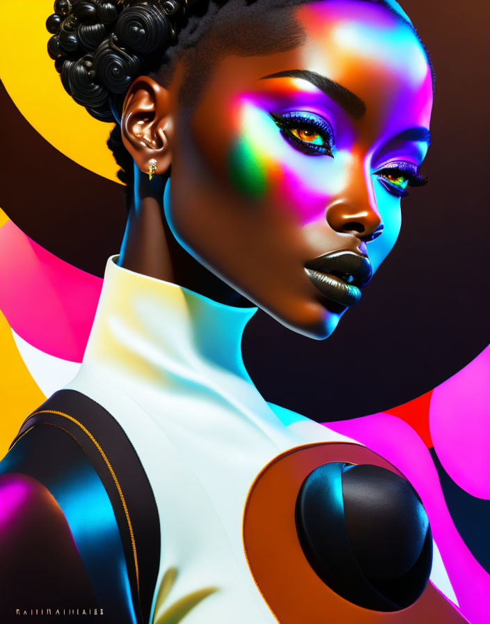 Colorful portrait of a woman with artistic makeup and modern attire on vibrant background